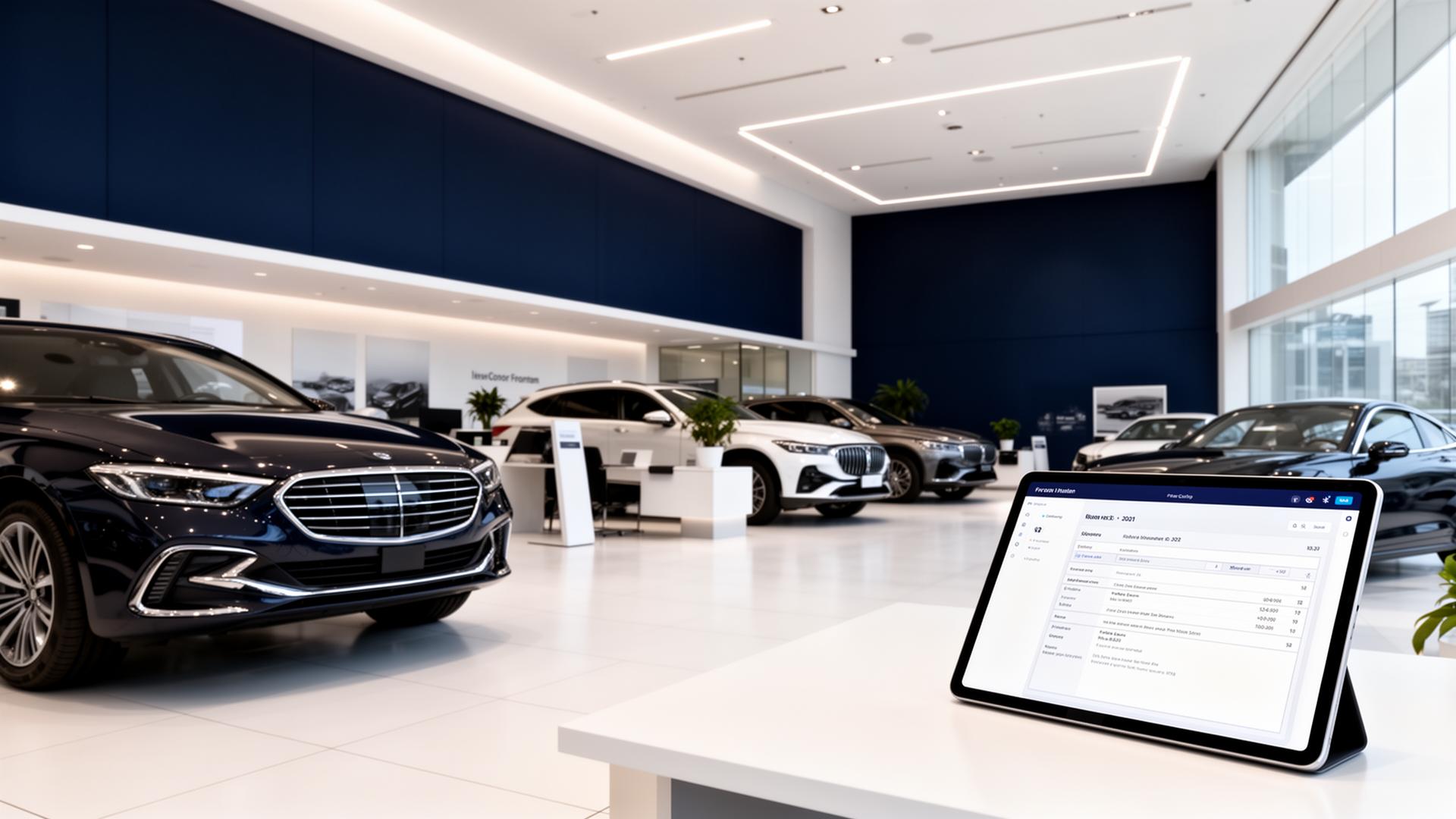 Modern automotive dealership showroom with digital document management system displaying vehicle contracts and leasing agreements on tablets